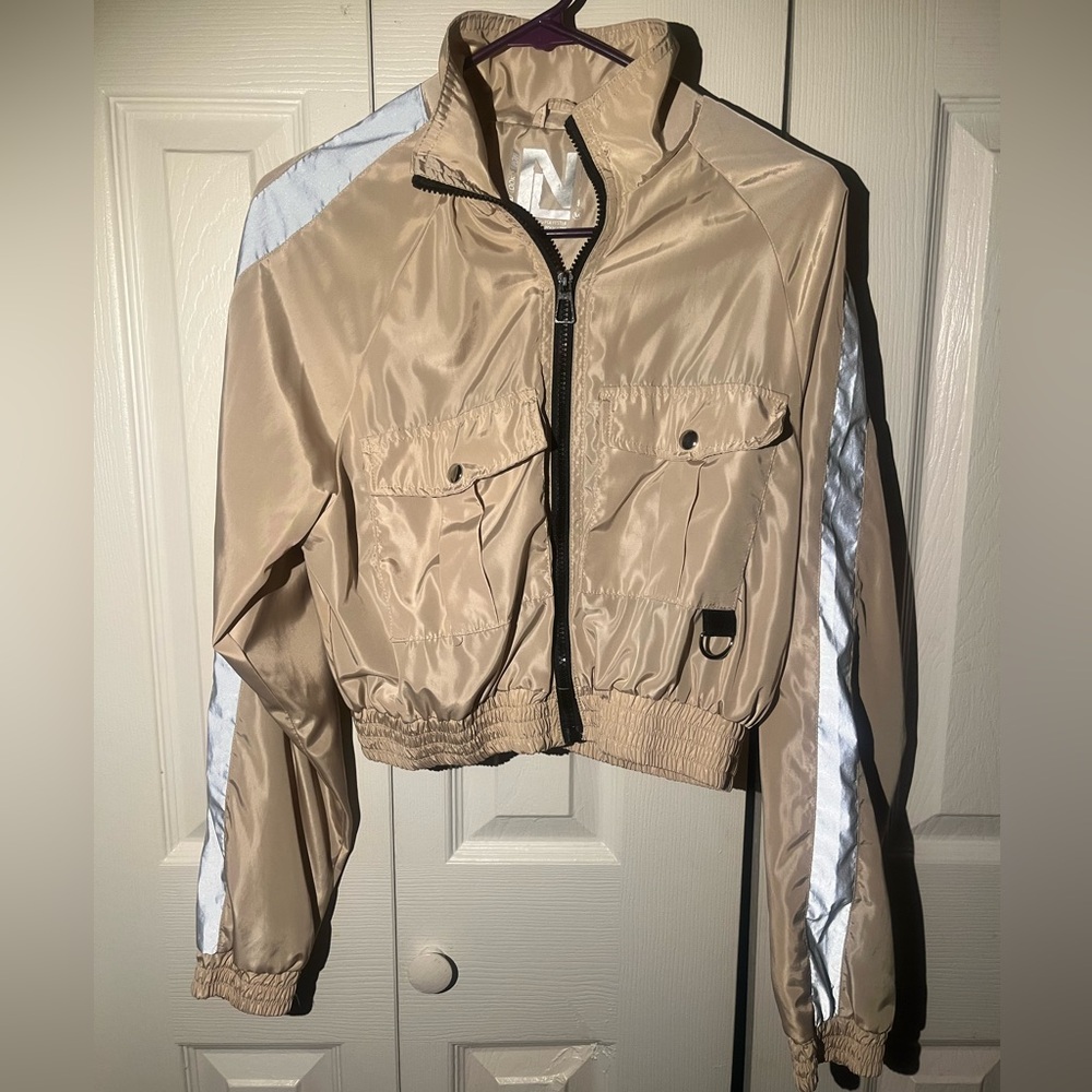 Tan Bomber track Jacket with Silver Reflective Accents